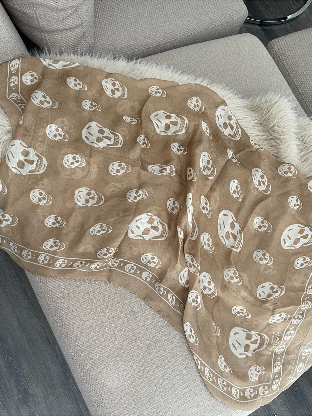 Alexander McQueen Tan and White Skull-Print Silk Scarf (Rare Color)